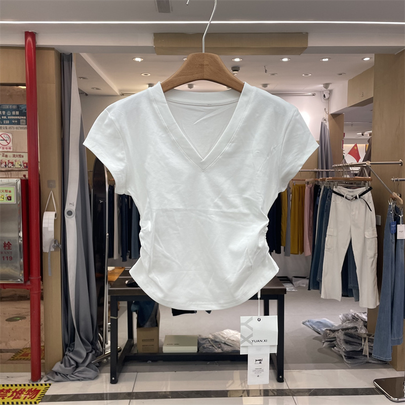 元熙3052夏季韩版修身V领小个子短款显瘦褶皱收腰短袖T恤衫上衣女
