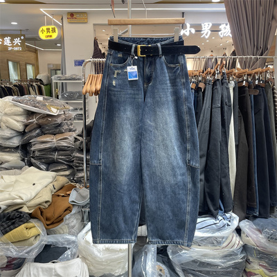 欧货D7666正版冬季韩系高腰显瘦宽松百搭磨白复合绒弯刀牛仔裤女