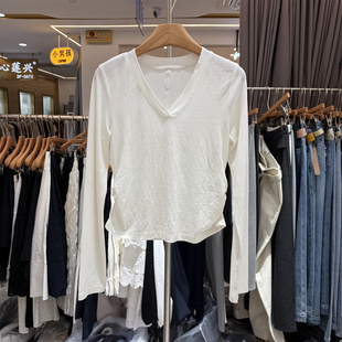 YHS92012正品春新款韩版修身显瘦百搭褶皱收腰V领长袖T恤衫上衣女