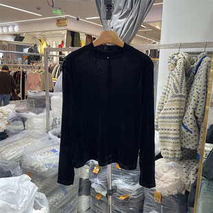 HMY31191冬季韩版领口字母标显瘦百搭高级感丝绒T恤衫打底上衣女