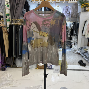 宽松圆领晕染小马印花长袖 韩版 T恤女防晒上衣 夏季 LINGDU8092正品