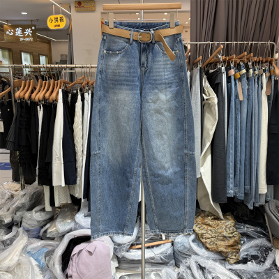 欧货5348正品春季韩系复古洗水磨破边宽松显瘦百搭弯刀牛仔长裤女