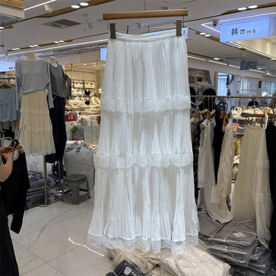 LALA8289正品春季韩系压皱设计蕾丝边蛋糕裙垂感显瘦中长款半身裙