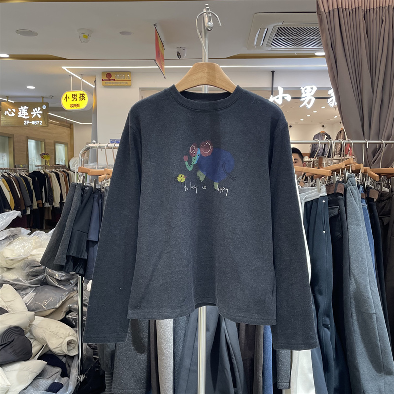 YHS91865正版冬季韩系圆领时尚字母卡通印花加绒长袖T恤打底衫女