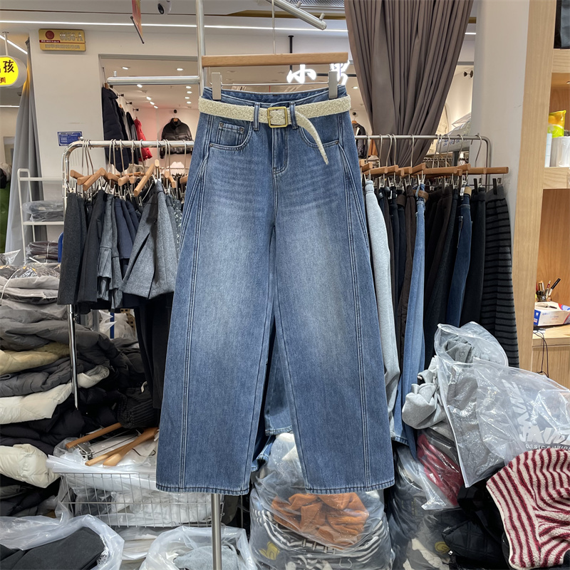 欧货C4488正版冬季韩系高腰显瘦宽松百搭复合绒加厚阔腿牛仔裤女