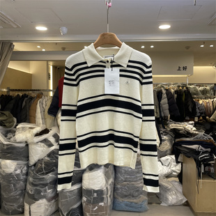 半纽扣翻领撞色条纹细羊毛针织衫 NICE8581正版 韩版 新款 上衣女 冬季