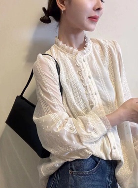 HMY31211冬季韩系时尚法式木耳边领显瘦高级感刺绣气质衬衫上衣女