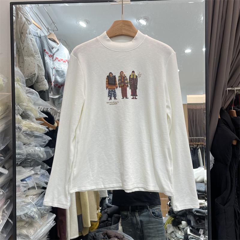 ONE12382正版冬季韩版宽松百搭卡通印花加绒长袖T恤打底衫上衣女