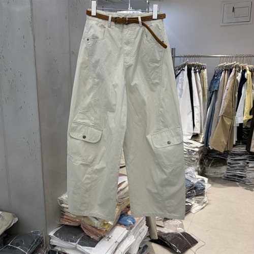 T-PLATFORM16307正品夏韩系高腰显瘦薄款多口袋阔腿工装牛仔裤女