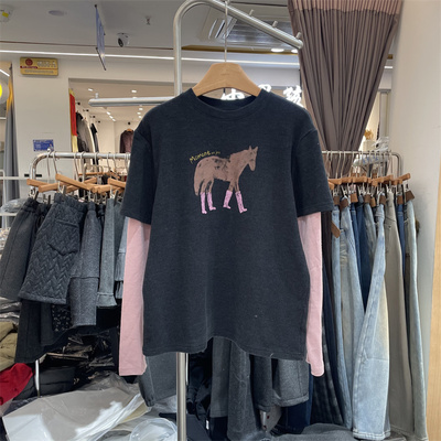 YHS91972正版早春款韩系印花卡通马撞色拼接袖假两件T恤衫上衣女