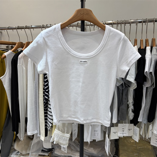 元熙266008正品春夏韩系修身字母标U领简约短袖T恤女百搭短款上衣