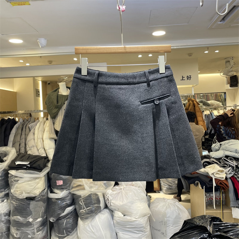 8090服饰B25977冬季韩版高腰显瘦加厚防走光半身裙女A字百褶短裙