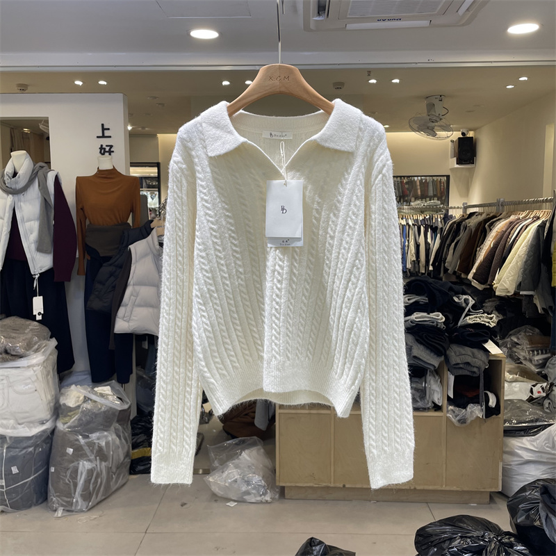 BD缤典56653正版秋冬款韩系百搭翻领长袖麻花兔毛针织衫毛衣上衣