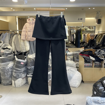 Kaka.sn25766假两件屁帘女神裤女冬季松紧腰修身加绒微喇叭休闲裤
