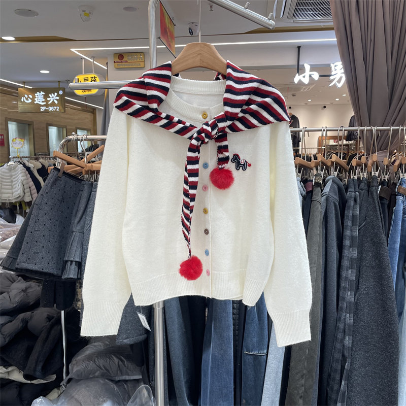 欧洲站2025冬季韩系洋气条纹披肩彩色纽扣羊毛针织衫毛衣女33868