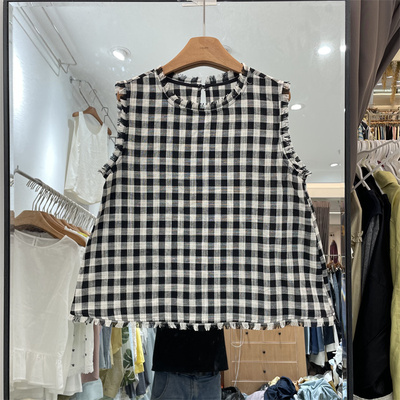 欧洲站7599夏季款设计感毛边圆领后背系带无袖格子亚麻衬衫上衣女