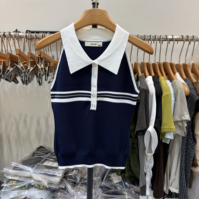 WeMe9932正版夏新款韩系修身POLO领撞色条纹冰丝针织衫背心女上衣