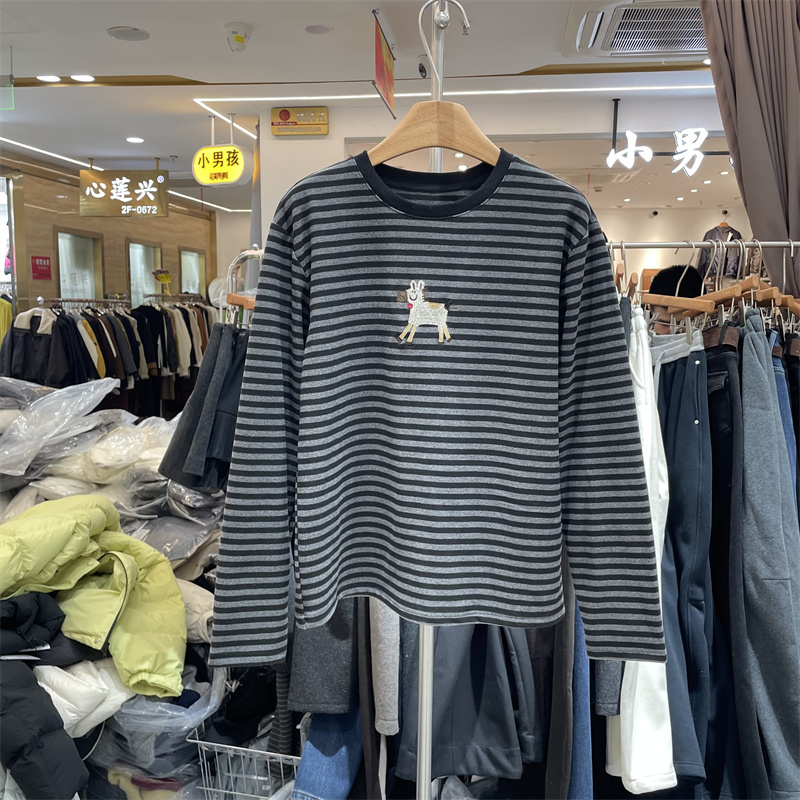 YHS91889正版冬季韩系刺绣卡通小马加绒加厚条纹长袖T恤打底衫女