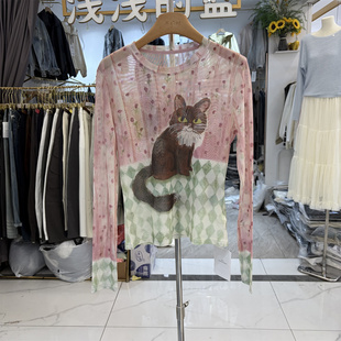 T恤衫 韩系圆领猫咪印花网纱长袖 防晒上衣女 春新款 LINGDU8097正品
