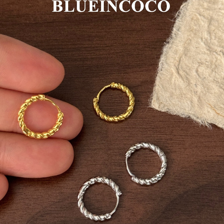 Blueincoco法式纯银925麻花耳圈简约小众设计感耳环小巧气质耳饰