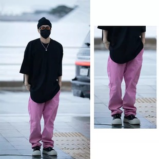 潮男女长裤 欧代王嘉尔同款 穿搭直筒牛仔裤 宽松休闲粉色百搭款 美式