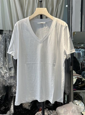 闰熙runxi54070夏季新品水洗棉V领啃边做破宽松休闲短袖T恤女上衣