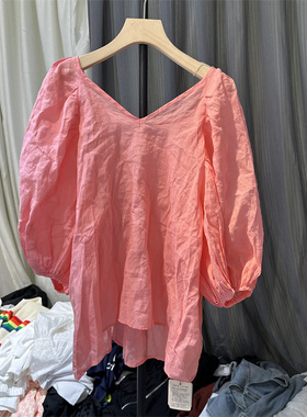 BOLATU柏拉图23111复古泡泡袖衬衣女2025夏季中袖宽松衬衫上衣潮