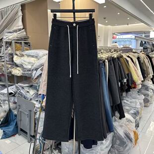 欧洲站2025秋冬新款时尚一粒扣抽带松紧高腰直筒绵羊毛休闲裤子潮