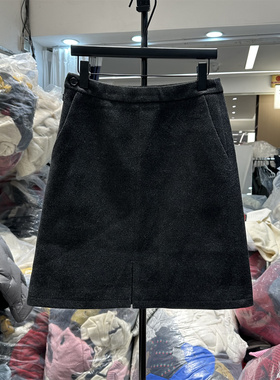 8090服饰B25950冬季新款时尚高腰纯色简约百搭开叉毛呢半身短裙女