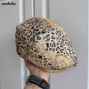 omububu复古豹纹前进帽女2025新款 贝雷 甜酷撞色大头围报童帽个性