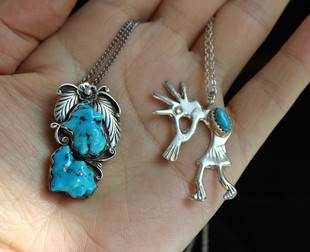 西洋古董珠宝首饰印第安Navajo纳瓦霍绿松石项链吊坠