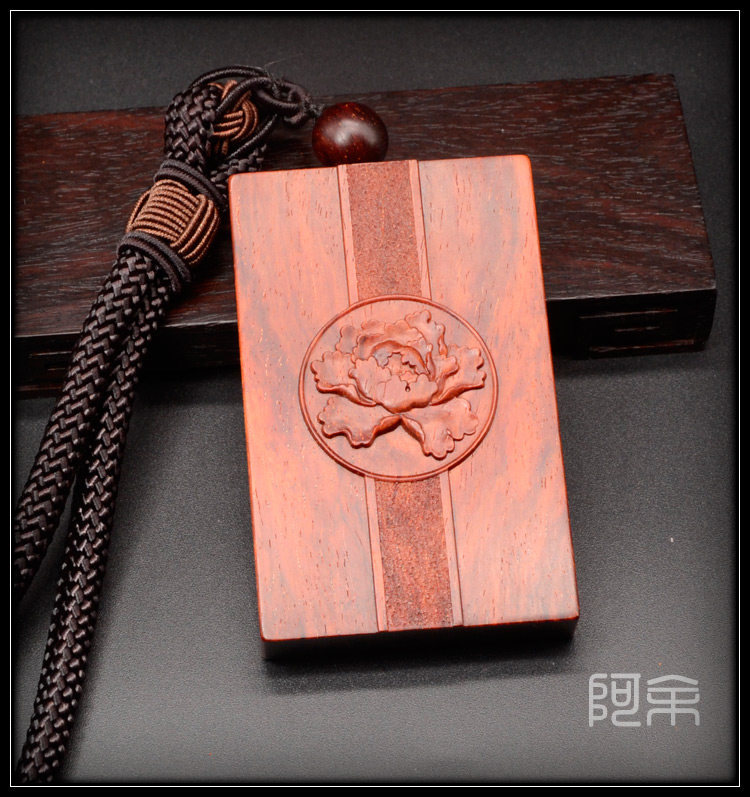 牡丹牌子 印度小叶紫檀木雕牡丹牌 红木把件工艺品  无事牌