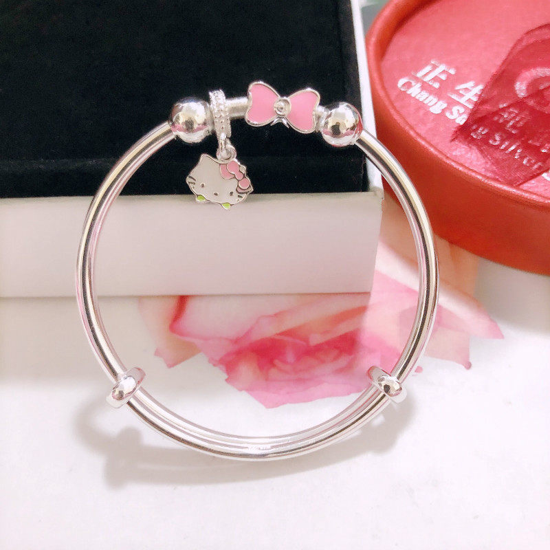 香港正生纯银蝴蝶结足银kt猫中童手镯999女学生可爱卡通镯子礼物