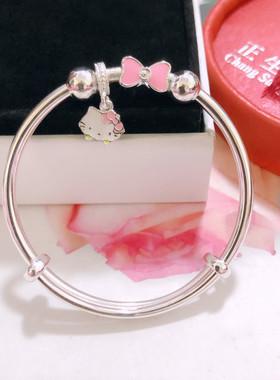 香港正生纯银蝴蝶结足银kt猫中童手镯999女学生可爱卡通镯子礼物