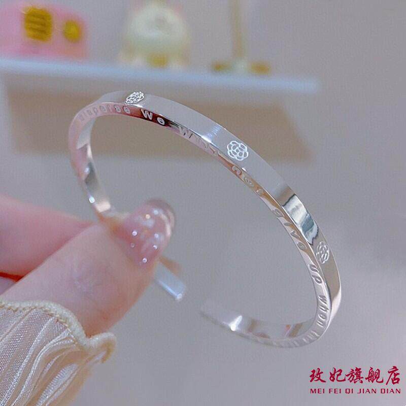 香港正生正品足银9999方形玫瑰花开口纯银手镯手环礼物情人节送女
