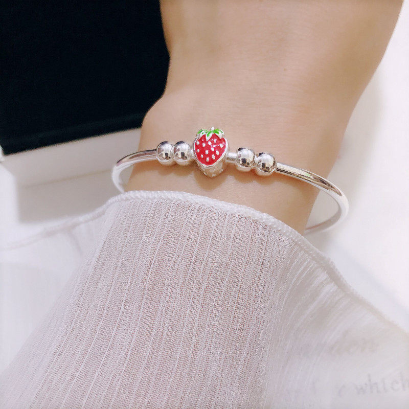 香港正生纯银宝宝草莓手镯亲子成人实心推拉足银999女学生i手环链