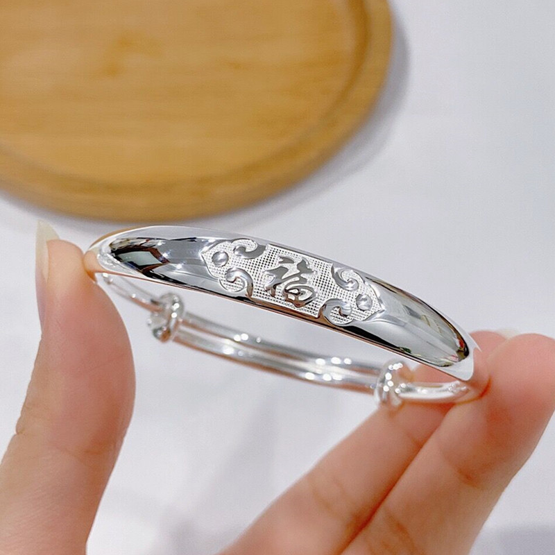 正品香港正生龙凤福宽面银饰实心手镯足银9999送妈妈老人长辈生日