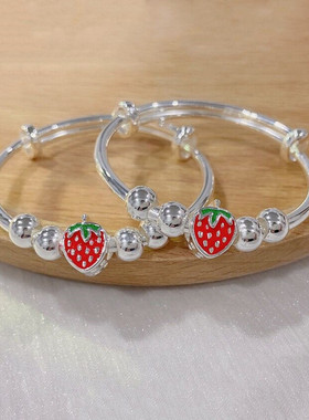 草莓纯银手镯女宝宝儿童学生银镯