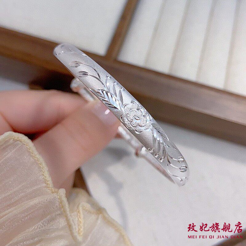 香港正生正品9999牡丹花双鱼花朵纯银手镯女首饰百搭送妈妈婆婆长