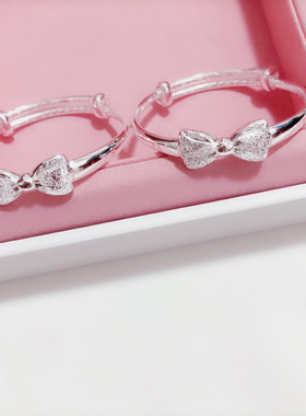 冲冠香港正生足银S999拉丝蝴蝶结宝宝女可爱大童成人亲子纯银礼物