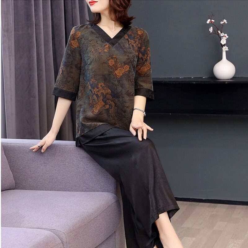 香云纱真丝桑蚕丝中年妈妈阔腿裤两件套女装高端品牌洋气时尚套装