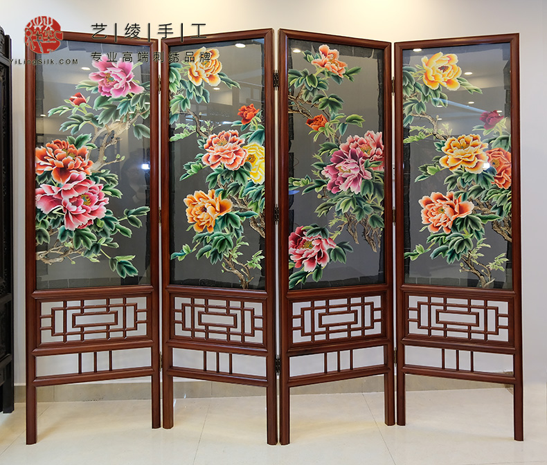 艺绫品牌纯手工双面绣花梨木1丝2丝精品苏绣牡丹四页折叠屏风隔断
