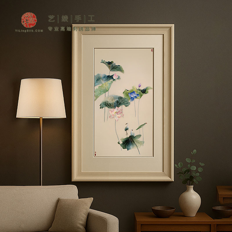 艺绫手工刺绣卧室入户玄关苏绣荷花装饰挂画新房乔迁礼品一路高升图片