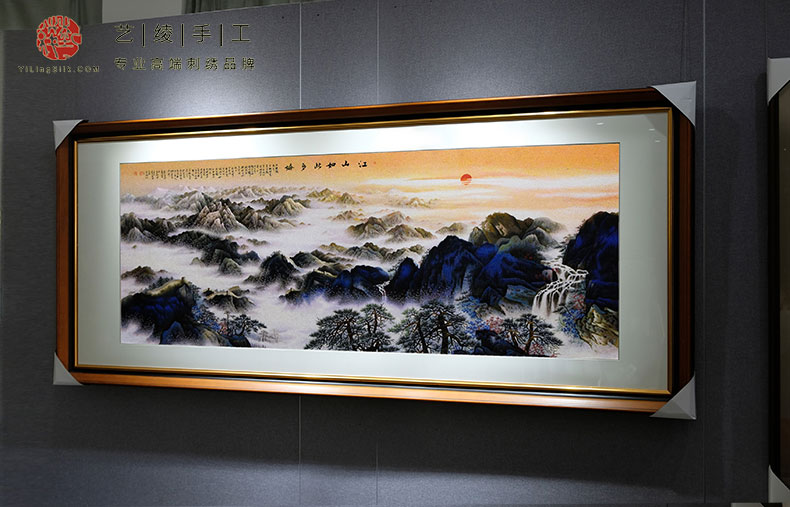 艺绫手工刺绣中式国画苏绣装饰画别墅客厅背景画江山多娇旭日东升图片