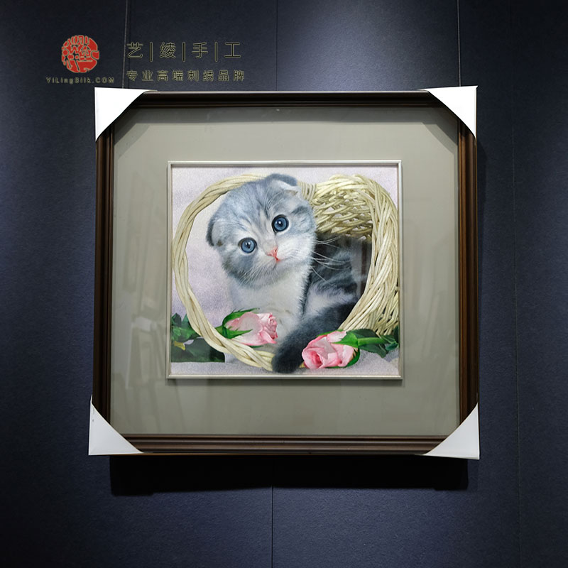 艺绫手工刺绣精品客厅卧室电表箱苏绣装饰画儿童房挂画猫咪童趣图图片