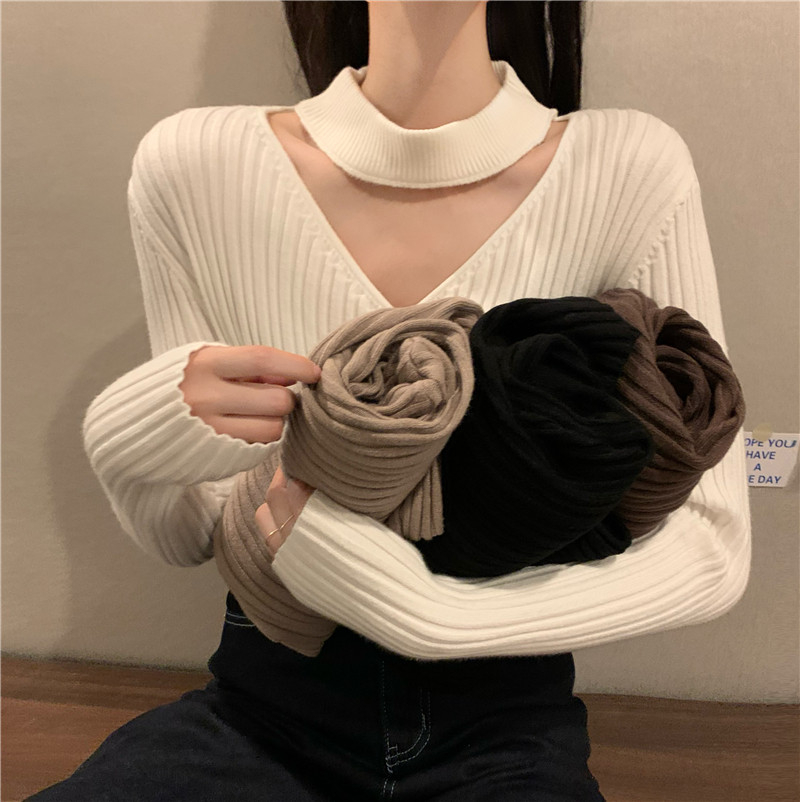 实拍实价~小心机V领显锁骨打底外穿毛衣女