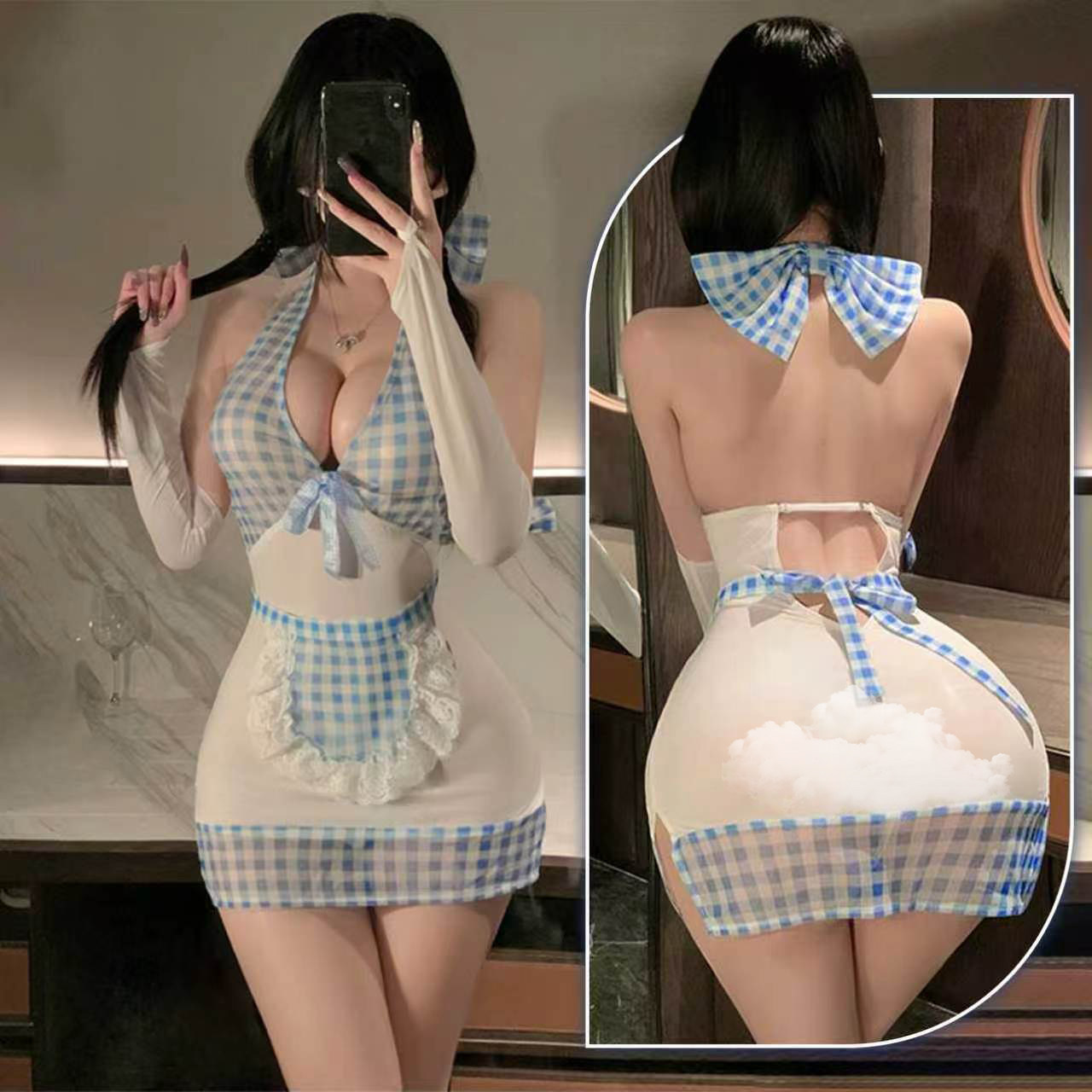 性感深V挂脖睡裙女2026新款女仆cos制服激情风大码胖MM纯欲包臀裙
