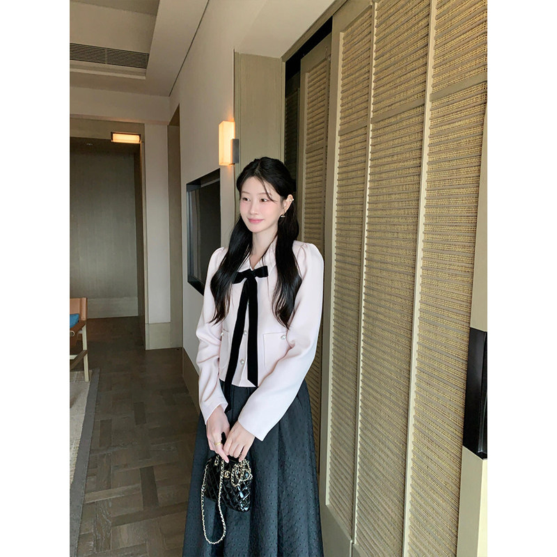 名媛小香风蝴蝶结翻领长袖衬衫上衣女装秋季新款百褶半身长裙时尚