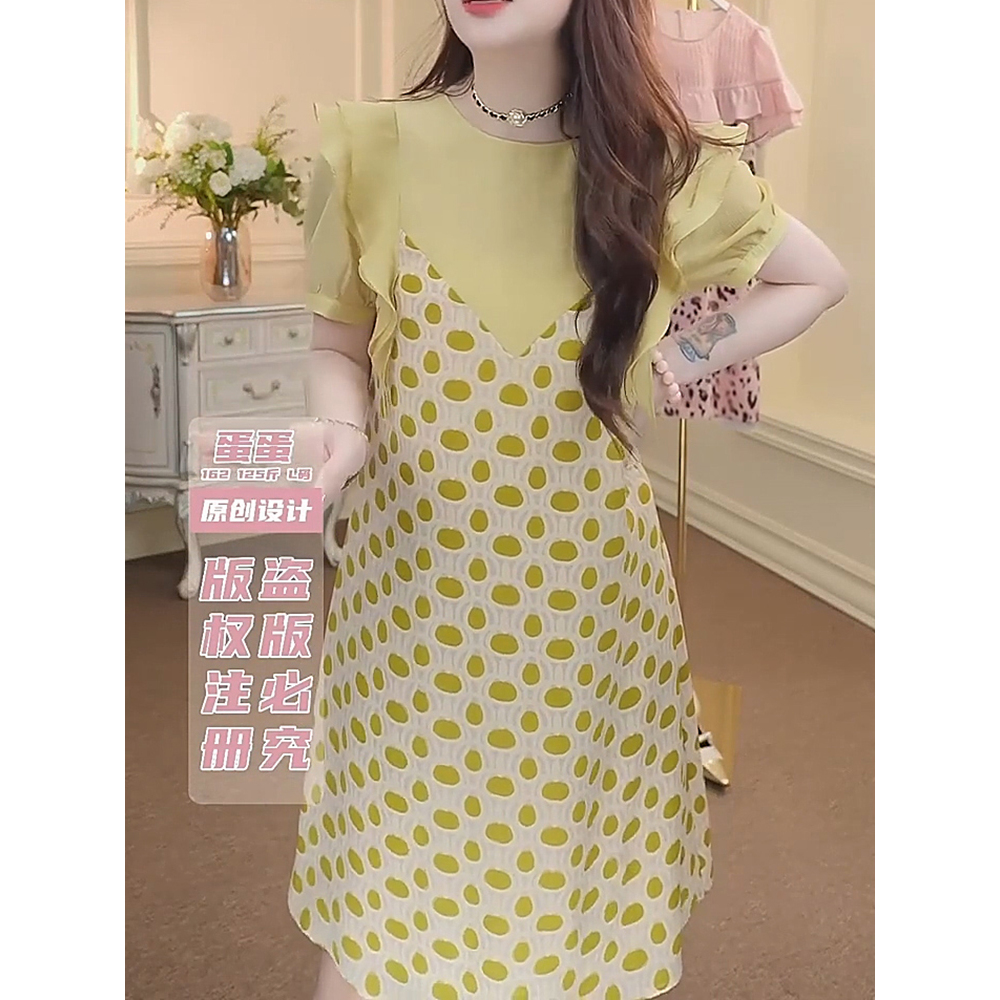 韩版时尚拼接圆领短袖连衣裙2025夏季新款洋气减龄宽松显瘦A字裙