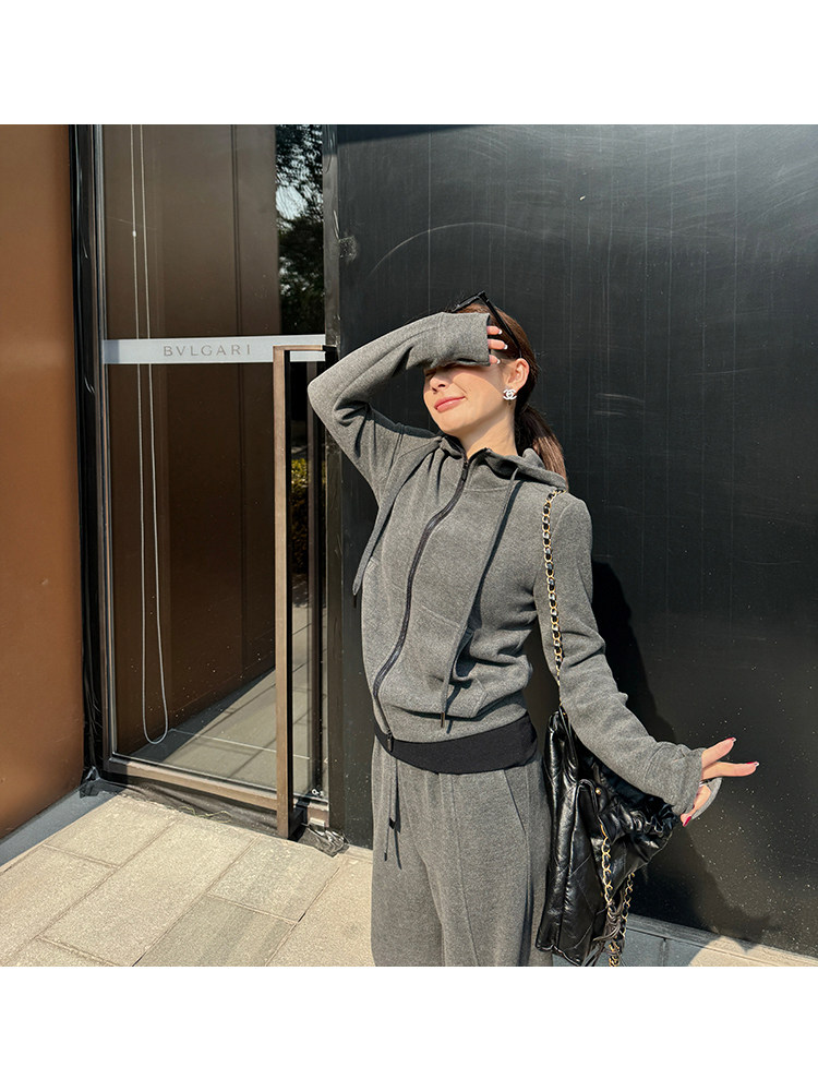 WXLSTUDIO KENDOU 외출 거리 입체 벨벳 캐주얼 후드 스웨트 셔츠 재킷 여성용 스웨트 팬츠|스커트 세트